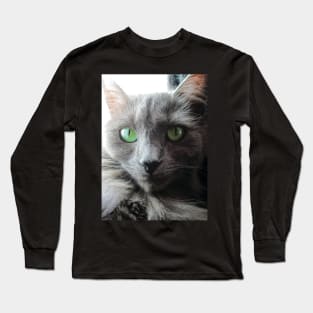 Stunning green eyed grey cat Long Sleeve T-Shirt